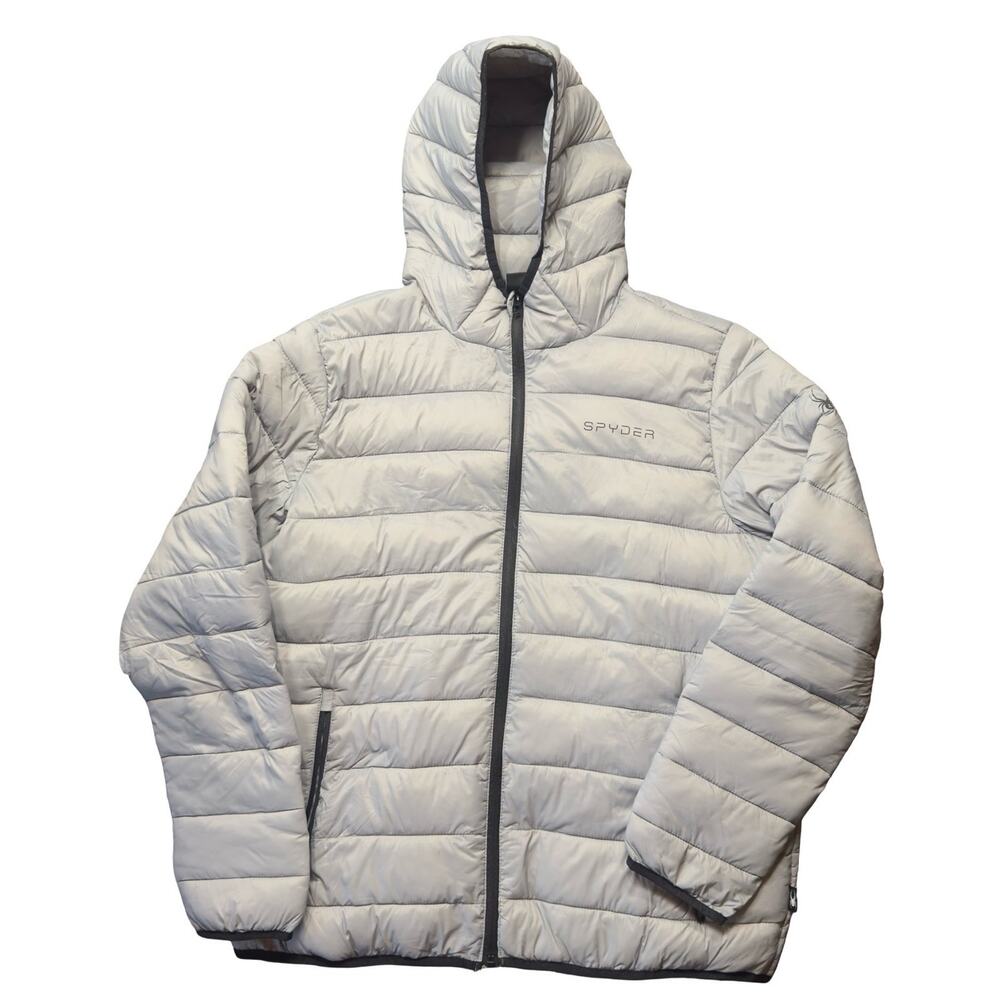 Spyder‎ Puffer Jacket Mens Large Gray Full Zip Hooded Lightweight Coat NEW
